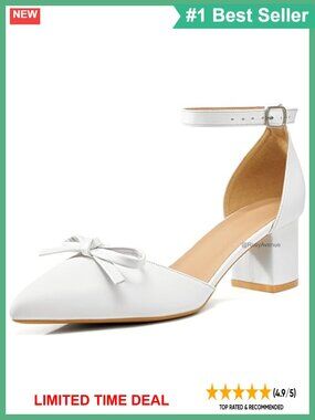 Women's Block Heel Pumps Pointed Toe Bow Ankle Strap Cushioned Wedding Heels